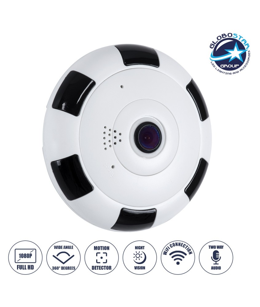 GloboStar® 86027 Επιτοίχια IP Camera 1080P WiFi 360° Μοιρών - Νυχτερινή Όραση με LED IR - Διπλή Κατέυθυνση Ομιλίας - Ανιχνευτή Κίνησης - Νυχτερινή Λήψη - Λευκό Μαύρο